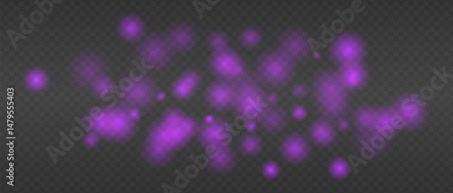 Purple glowing blur clusters with soft edges and bokeh effect. Abstract light particles on transparent background for digital fire or heat simulation.