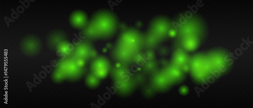 Green glowing dots with smooth gradients and bokeh effect on dark transparent background. Abstract fire glow or warm light blur.