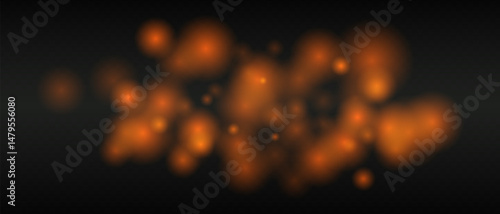 Orange glowing dots with smooth gradients and bokeh effect on dark transparent background. Abstract fire glow or warm light blur.