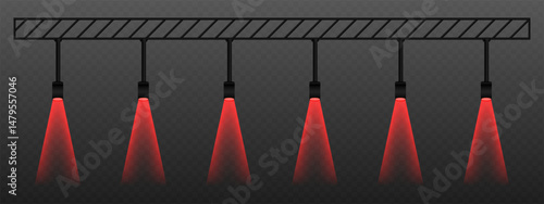Red spotlight. Hanging fixtures with bright blue light cones, directed illumination for club, stage or decorative ambient lighting in modern design.