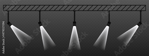 White spotlight. Rotated ceiling lamps with warm directional beams. Suitable for stage lighting, visual accents, and theatrical design on transparent background.
