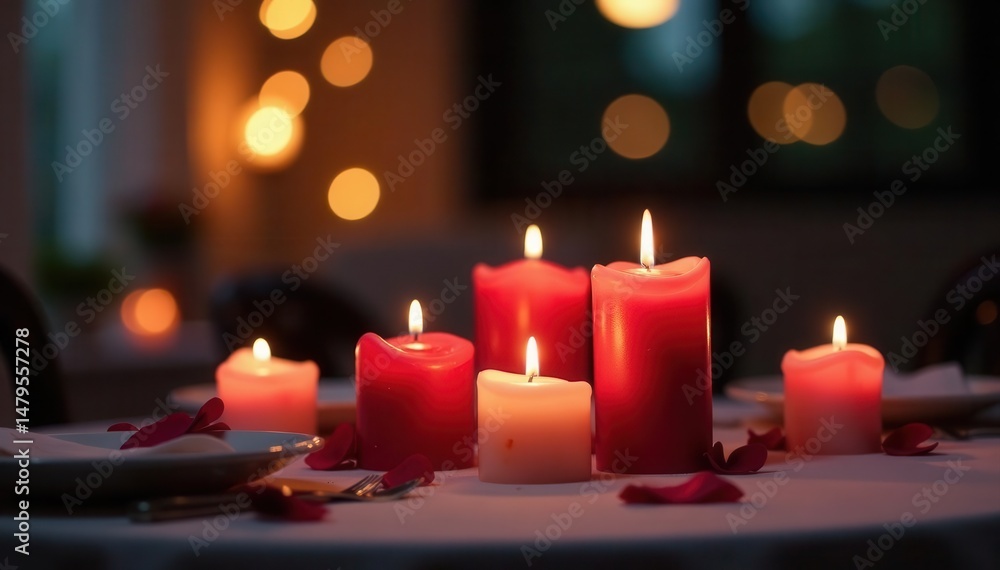 Subdued lighting highlights a romantic table arrangement with burning candles, romantic, close-up Subdued lighting highlights a romantic table arrangement with burning candles, romantic, close-up