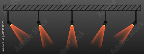 Orange spotlight. Rotated ceiling lamps with warm directional beams. Suitable for stage lighting, visual accents, and theatrical design on transparent background.