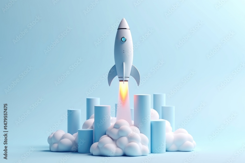 Rocket Launch with Fiery Exhaust and Rising Graph Bars