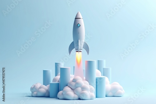 Obraz na płótnie Rocket Launch with Fiery Exhaust and Rising Graph Bars w salonie