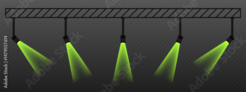 Green spotlight. Rotated ceiling lamps with warm directional beams. Suitable for stage lighting, visual accents, and theatrical design on transparent background.