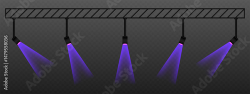 Purple spotlight. Rotated ceiling lamps with warm directional beams. Suitable for stage lighting, visual accents, and theatrical design on transparent background.