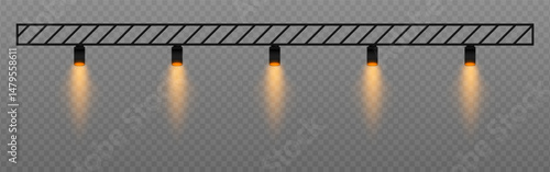 Warm spotlight. Straight ceiling lights with soft golden glow. Perfect for retail displays, exhibitions, and professional visual setups on transparent background.