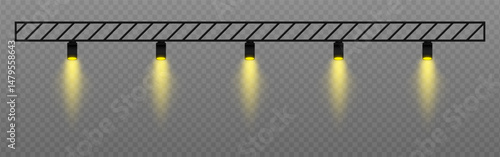 Warm spotlight. Straight ceiling lights with soft golden glow. Perfect for retail displays, exhibitions, and professional visual setups on transparent background.