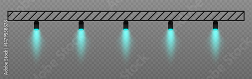 Warm spotlight. Straight ceiling lights with soft golden glow. Perfect for retail displays, exhibitions, and professional visual setups on transparent background.