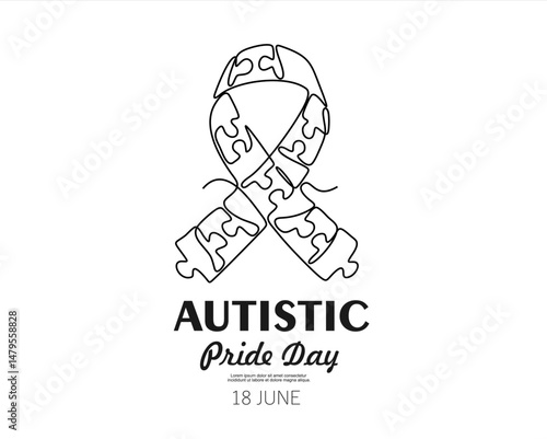 Single continuous line drawing campaign ribbon made from puzzle pieces. A form of concern for others. They need our attention. Caring. Autistic Pride Day. One line design vector illustration.Editable