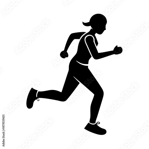 Silhouette of a woman running at a fast pace on a white background