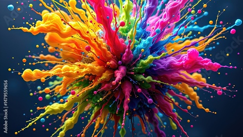 vibrant explosion of colors bursting outward dynamic chaotic manner. explosion composed of variety of bright hues including yellow orange red pink blue green creating visually striking...