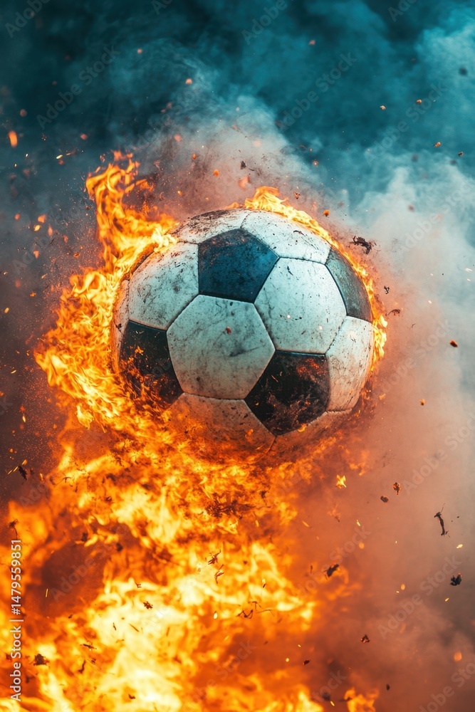 Naklejka premium Dynamic close up of soccer ball engulfed in flames with smoke and sparks in dramatic action shot