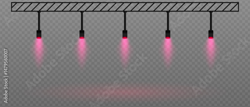 Purple soft spotlight. Straight ceiling lights with diffused white glow. Great for galleries, minimalist interiors, and exhibition setups on transparent background.