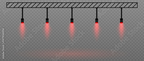 Red soft spotlight. Straight ceiling lights with diffused white glow. Great for galleries, minimalist interiors, and exhibition setups on transparent background.