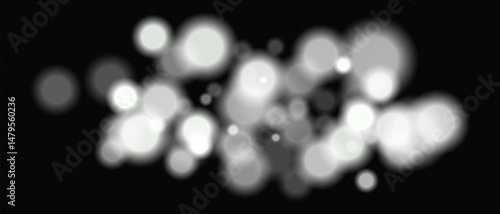 Bright white circular bokeh lights with intense blur. Festive digital particles and abstract glowing firelight over dark background.