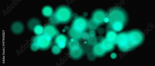 Bright green circular bokeh lights with intense blur. Festive digital particles and abstract glowing firelight over dark background.