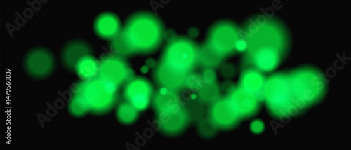 Bright green circular bokeh lights with intense blur. Festive digital particles and abstract glowing firelight over dark background.