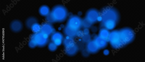 Bright blue circular bokeh lights with intense blur. Festive digital particles and abstract glowing firelight over dark background.