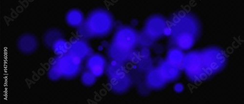 Bright blue circular bokeh lights with intense blur. Festive digital particles and abstract glowing firelight over dark background.