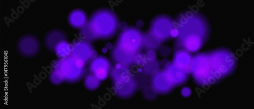 Bright purple circular bokeh lights with intense blur. Festive digital particles and abstract glowing firelight over dark background.