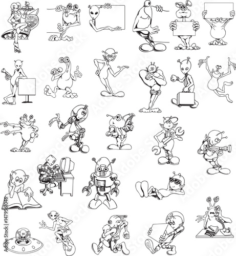 set of vector illustrations of cartoon characters of funny men and women playing with a alien, cartoon characters set of various poses vector