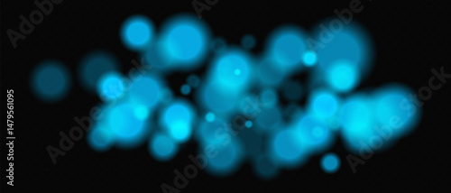Bright blue circular bokeh lights with intense blur. Festive digital particles and abstract glowing firelight over dark background.