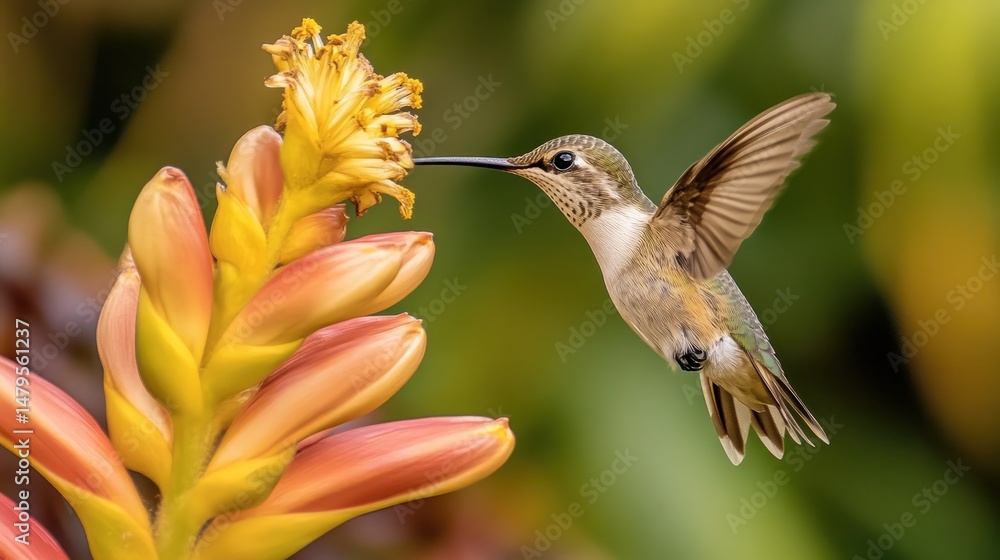 Fototapeta premium Hummingbird feeding on a vibrant flower