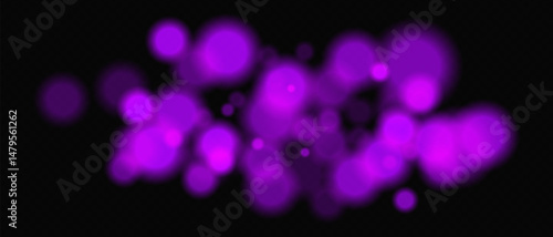 Bright purple circular bokeh lights with intense blur. Festive digital particles and abstract glowing firelight over dark background.