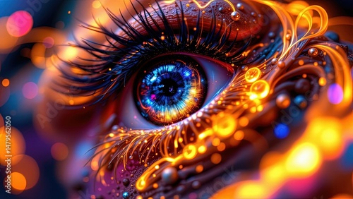 close-up of eye intricately designed vibrant glowing elements that create ethereal futuristic atmosphere. eye itself adorned intricate patterns resembling circuitry glowing shades of orange...