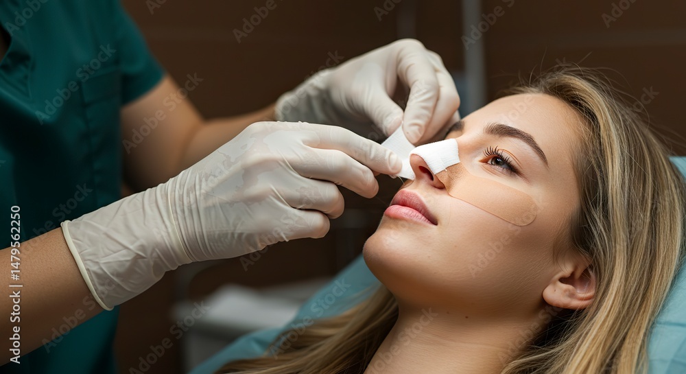 Applying Nose Bandage After Rhinoplasty Procedure to Young Blonde Woman Applying Nose Bandage After Rhinoplasty Procedure to Young Blonde Woman