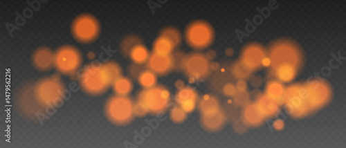 Orange glowing bokeh lights with blur and transparency. Abstract festive light spots, digital sparkles and warm visual accents.