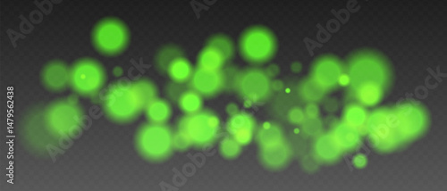 Green glowing bokeh lights with blur and transparency. Abstract festive light spots, digital sparkles and warm visual accents.