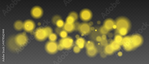 Yellow glowing bokeh lights with blur and transparency. Abstract festive light spots, digital sparkles and warm visual accents.