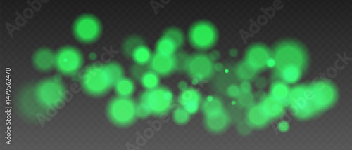 Green glowing bokeh lights with blur and transparency. Abstract festive light spots, digital sparkles and warm visual accents.