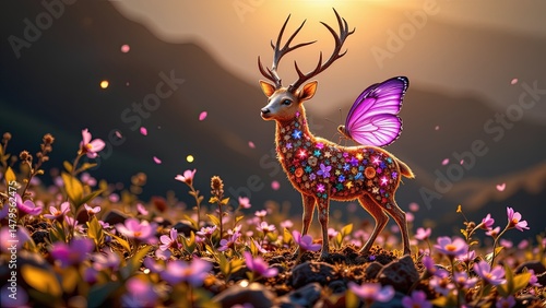 whimsical scene where deer stands amidst field of vibrant pink flowers bathed warm glow of setting sun. deer adorned colorful array of flowers giving it enchanting appearance. Notably deer...