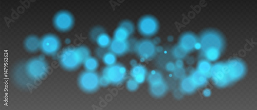 Blue glowing bokeh lights with blur and transparency. Abstract festive light spots, digital sparkles and warm visual accents.