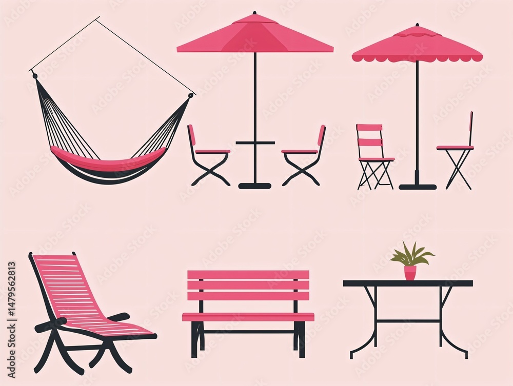 Fototapeta premium Minimalist Garden Furniture Set with Hammock and Umbrella Designs