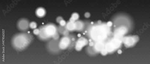 White bokeh particles with warm soft blur and glowing intensity. Firelight scatter on transparent background with dynamic haze.
