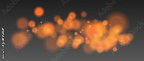 Red-orange bokeh particles with warm soft blur and glowing intensity. Firelight scatter on transparent background with dynamic haze.
