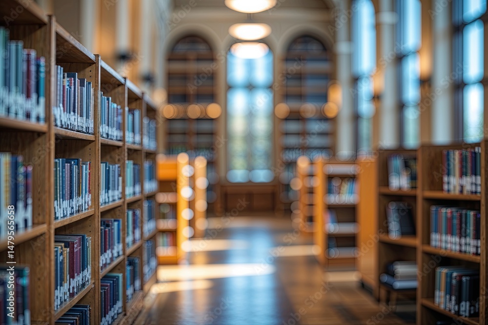 Fototapeta premium Calming Blurred Library Interior with Ample Light and Inviting Reading Nooks