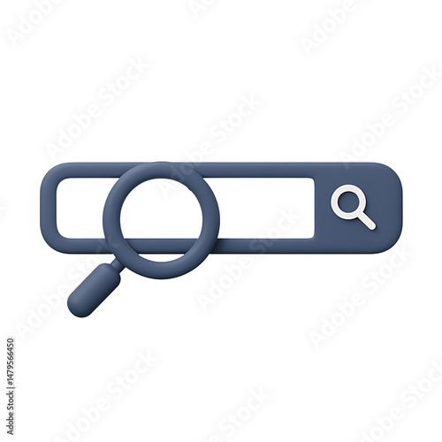 3D Render of a Sleek Dark Blue Search Bar Icon with Magnifying Glass