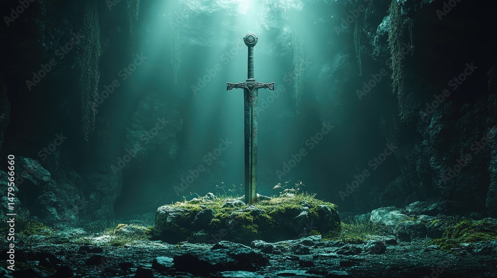 Naklejka premium A mystical sword embedded in a mossy stone, illuminated by ethereal light in a dark cave surrounded by rugged rocks and lush vegetation.