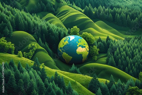 Forest Green Abstract Landscape with Meridional Digital Globe Visualization