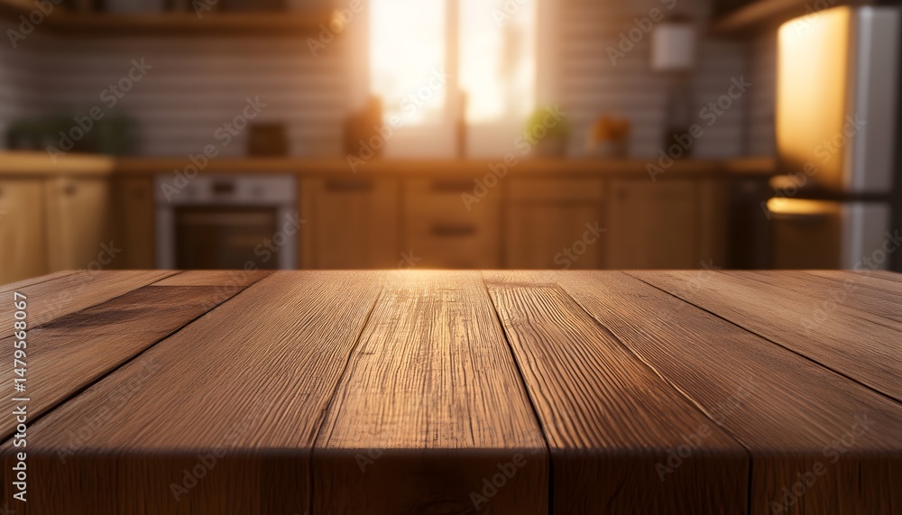 Rustic wooden table top, out-of-focus kitchen background. Rustic wooden table top, out-of-focus kitchen background.