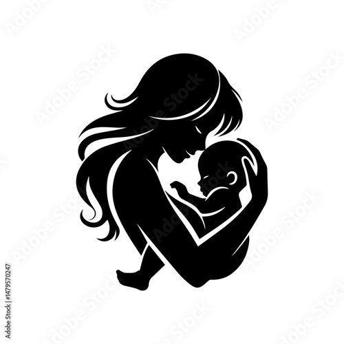 Elegant black and white illustration of a mother tenderly cradling her sleeping baby, embodying maternal love