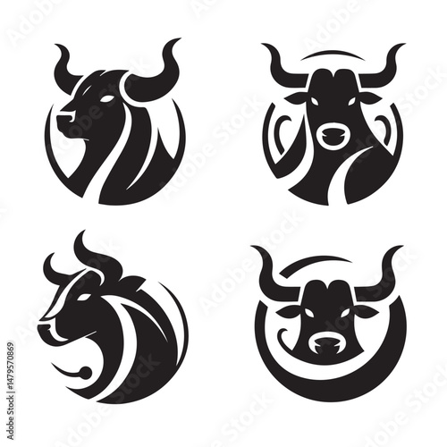 black Set of vector black silhouettes of bull icon isolated on a white background