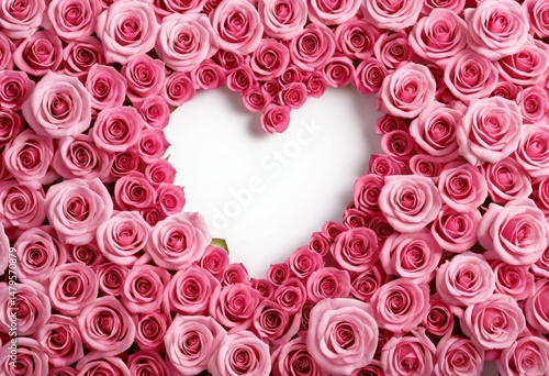 There is a heart made of pink roses on a white background