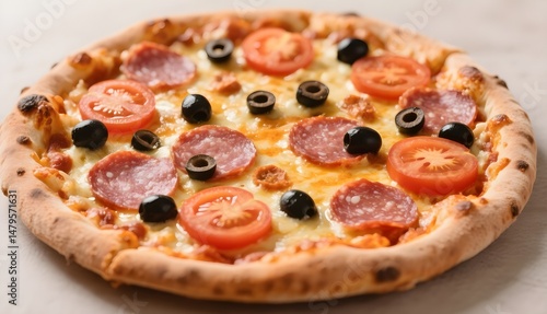 Tasty italian pizza with salami and mozzarella on a wooden board is a delicious meal